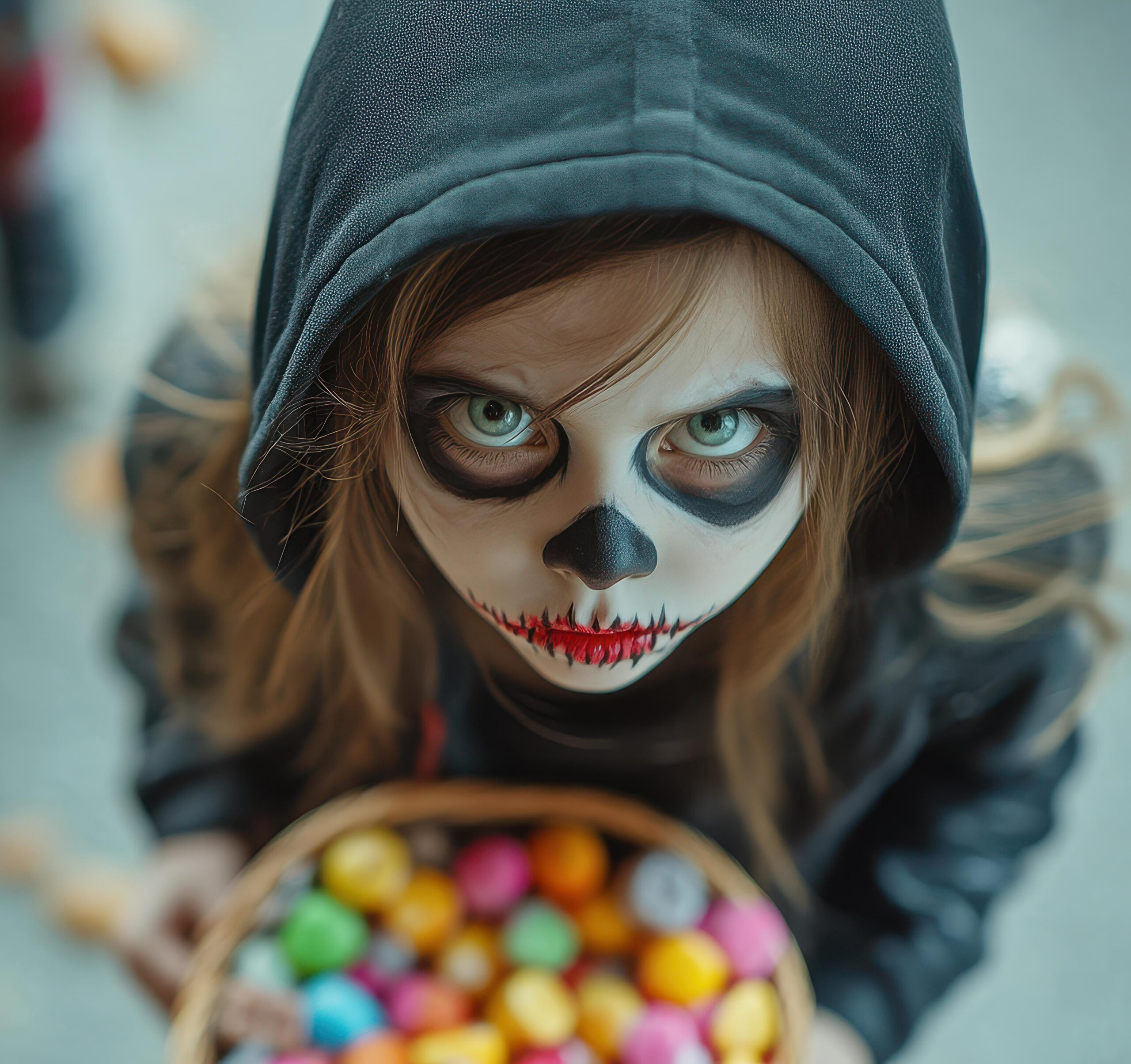 This closeup captures a girl in an eerie hood costume, glaring at the camera with colorful treats in hand against a busy backdrop.